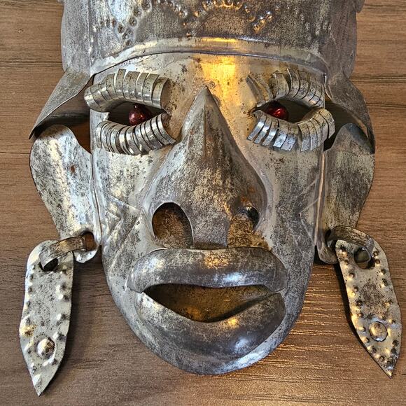 Vintage Mexican Tin Metal Mask with Beaded Eyes Folk Art Primitive Style Tribal - Picture 4 of 9